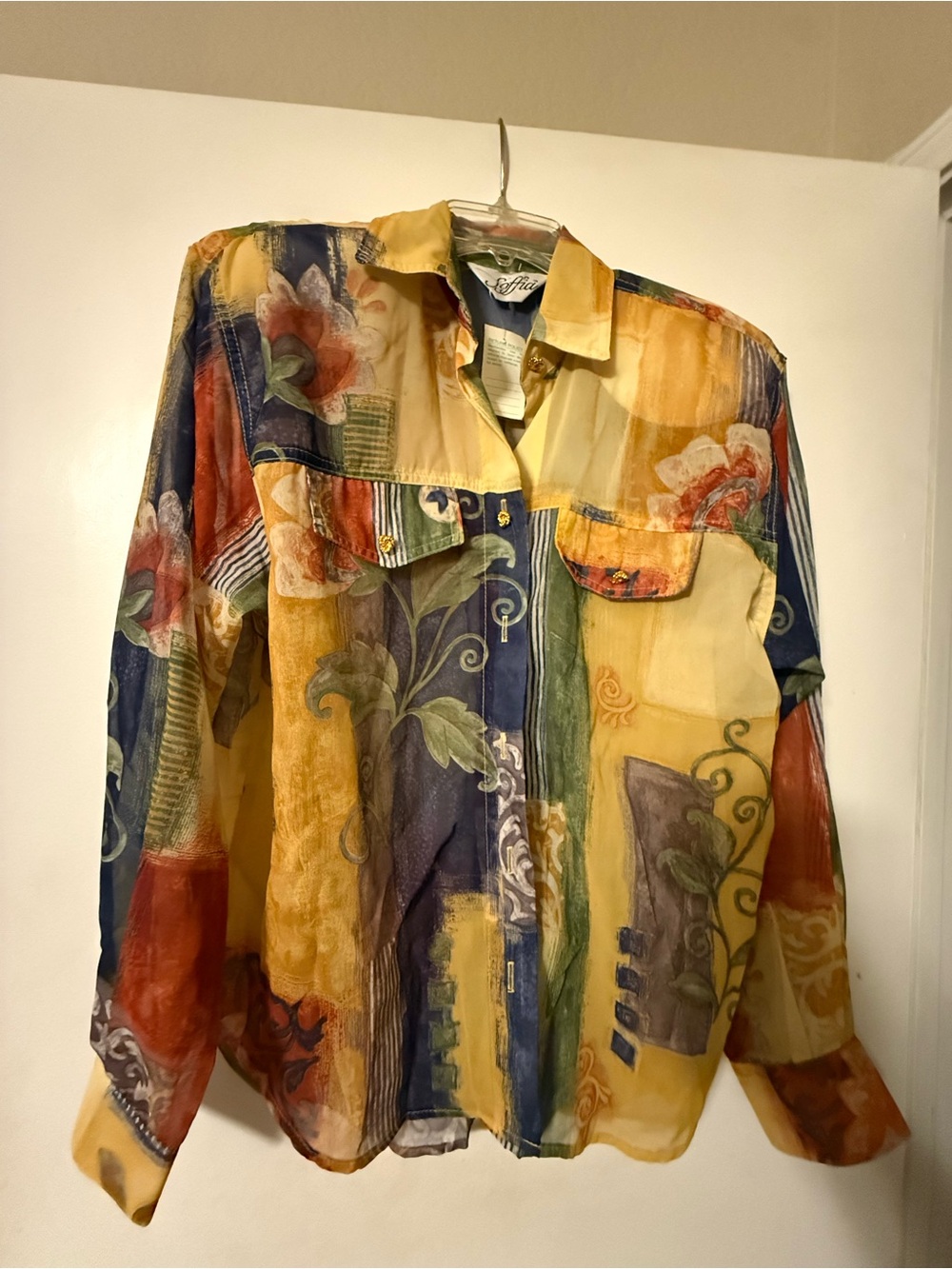 Soffia Yellow Floral Sheer Patchwork Button Blouse Size L